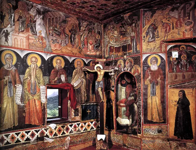 Antichi affreschi all'interno del Monastero di San Nicola nelle Meteore greche.