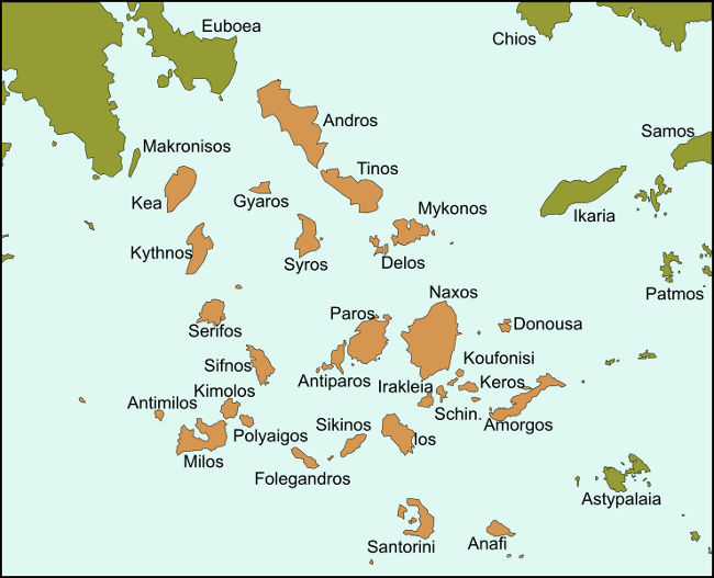 Mappa delle Isole Cicladi in Grecia.