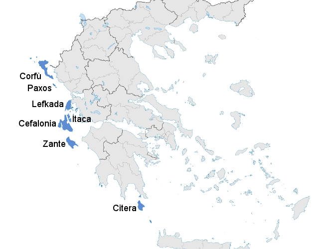 Mappa delle Isole Ionie in Grecia.