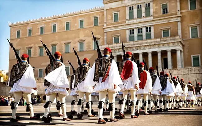 Evzones, le guardie presidenziali greche davanti al parlamento in Piazza Syntagma.
